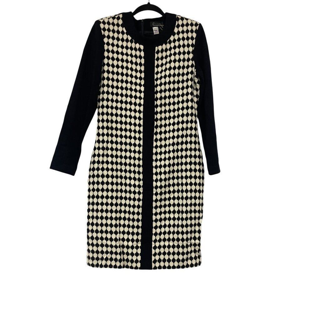 Vintage Gillian Womens Shift Sweater Dress Sz 12 Black White Geometric Knit 80s